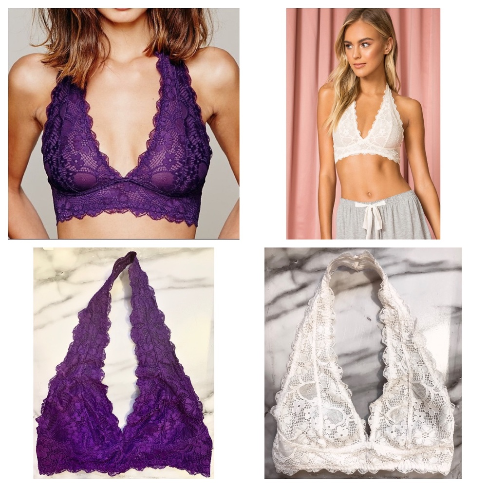 **FREE PEOPLE**LACE GALLOON**HALTER STYLE BRALETTE BRA**SMALL**IVORY & PURPLE** - Picture 1 of 6
